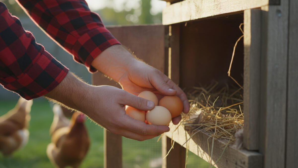 Homestead poultry setup with farmer gathering eggs from a chicken coop.